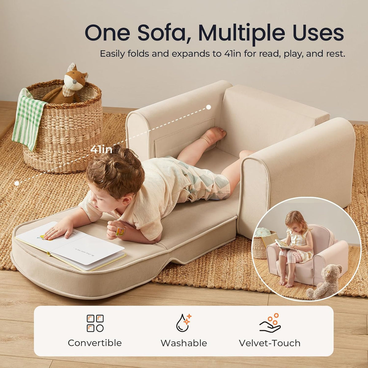 Tiny Land 2-in-1 Foldable Kids Couch with Pockets – Soft Thick Toddler Sofa, Lounger Couch