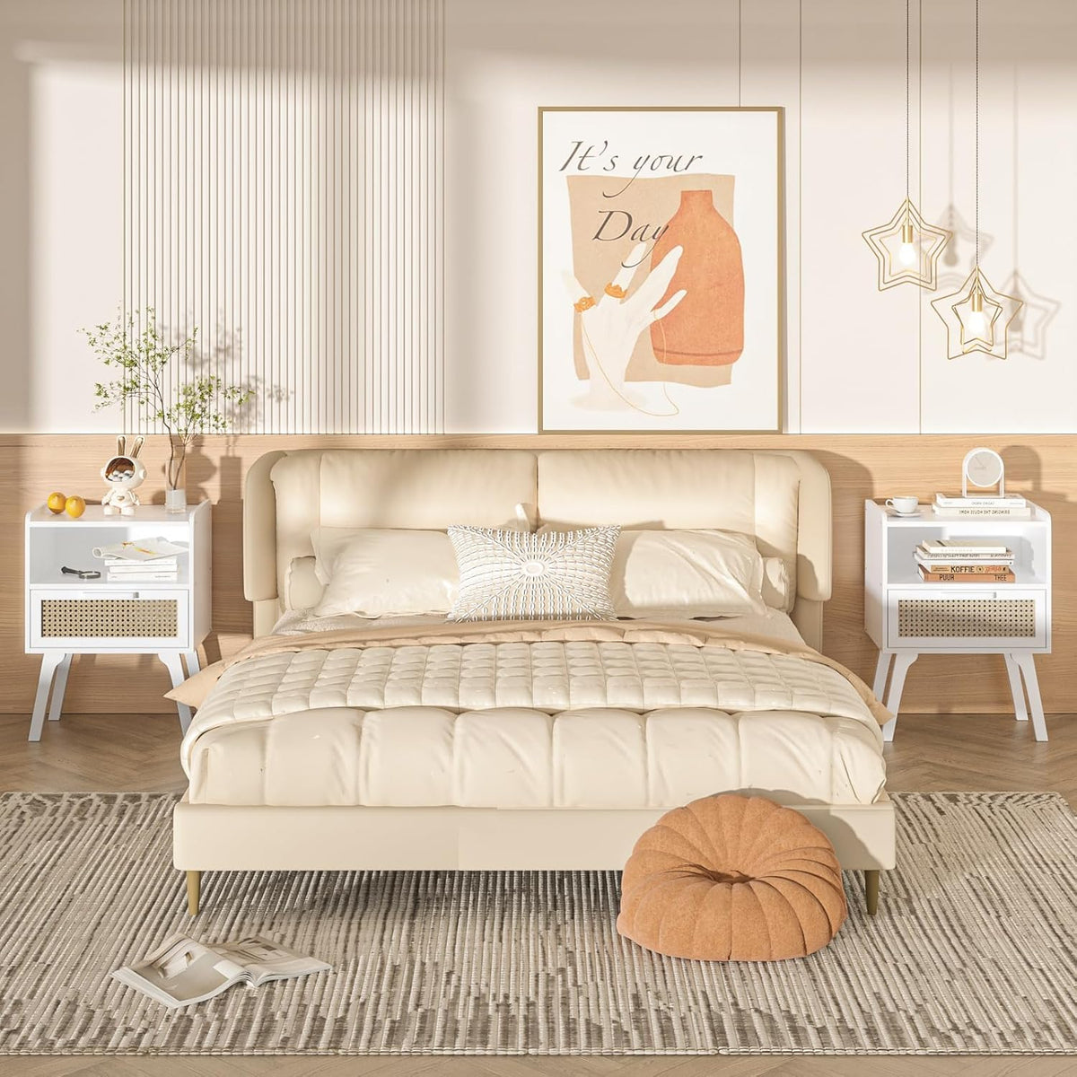 Lerliuo Rattan Nightstand, Bedside Table with Drawer Open Shelf, Cane Accent Side End Table with