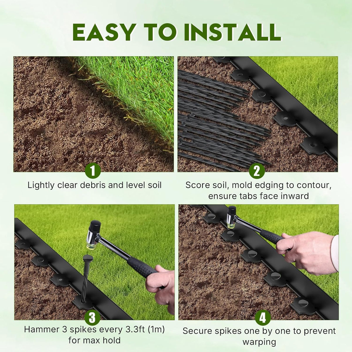 No Dig Landscape Edging 4" x 66FT Kit, Plastic Edging for Landscaping with 200 Spikes, for Garden