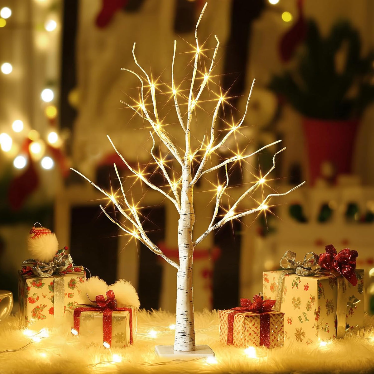 EAMBRITE Lighted Birch Tree Spring Decorations for Home, White Birch Tree with Lights, 24 LED