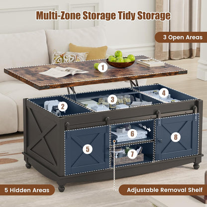 48" Farmhouse Lift Top Coffee Table with Storage Sliding Barn Door & Large Hidden Compartment