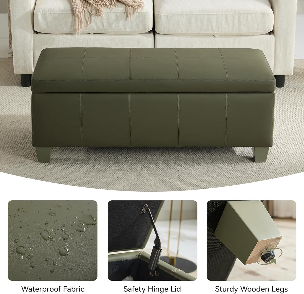 41" Faux Leather Storage Ottoman, Stitch Tufted Rectangle Upholstered End of Bed Storage Bench