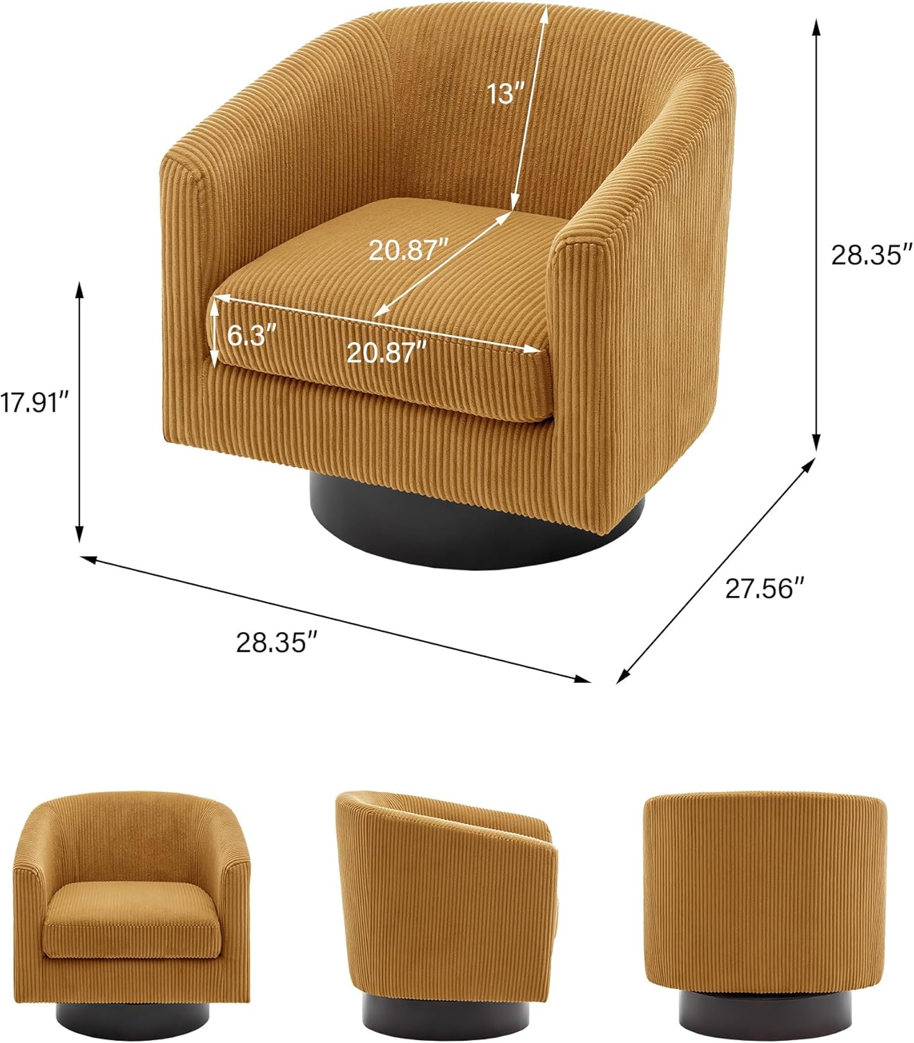Swivel Barrel Accent Chair, Modern Round Corduroy Fabric Arm Chair for Living Room, Bedroom, Comfy