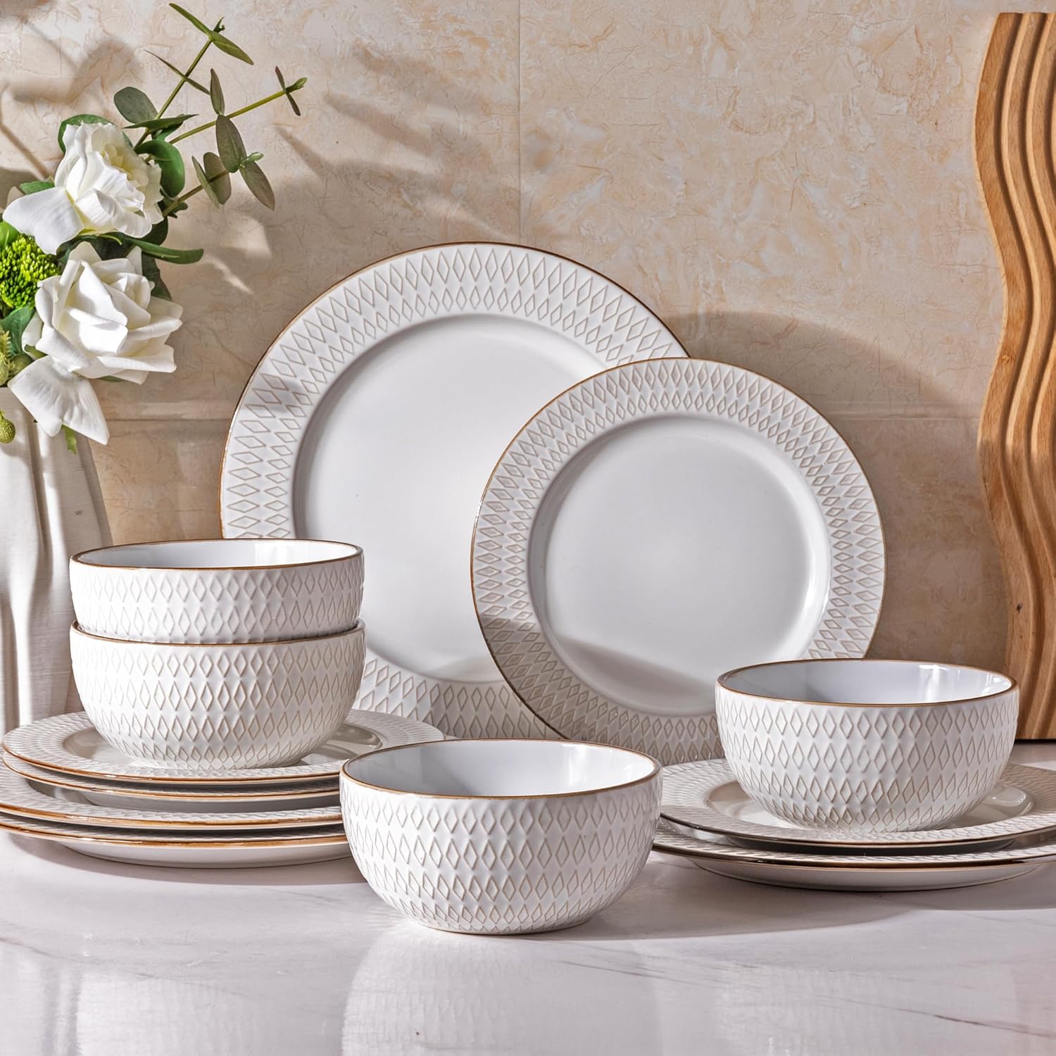 GBHOME Ceramic Dinnerware Sets,12 pcs Embossed Elegant Stoneware Plates and Bowls Sets