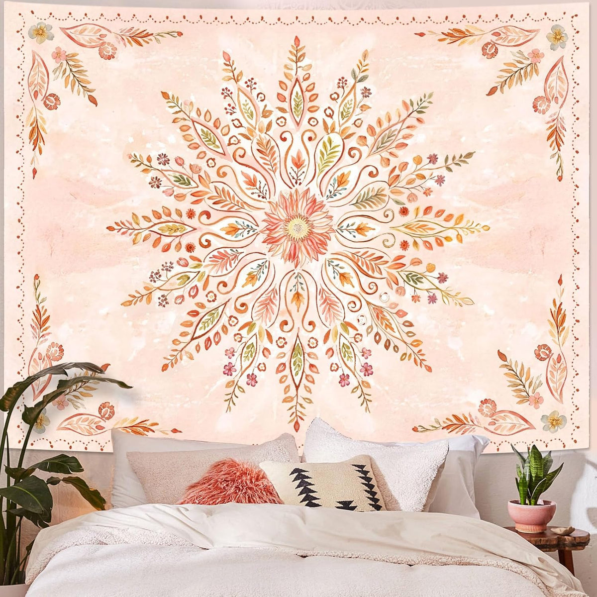 Lunerfex Floral Mandala Tapestry Boho Tapestry for Bedroom Orange Tapestries Wall Hanging Living