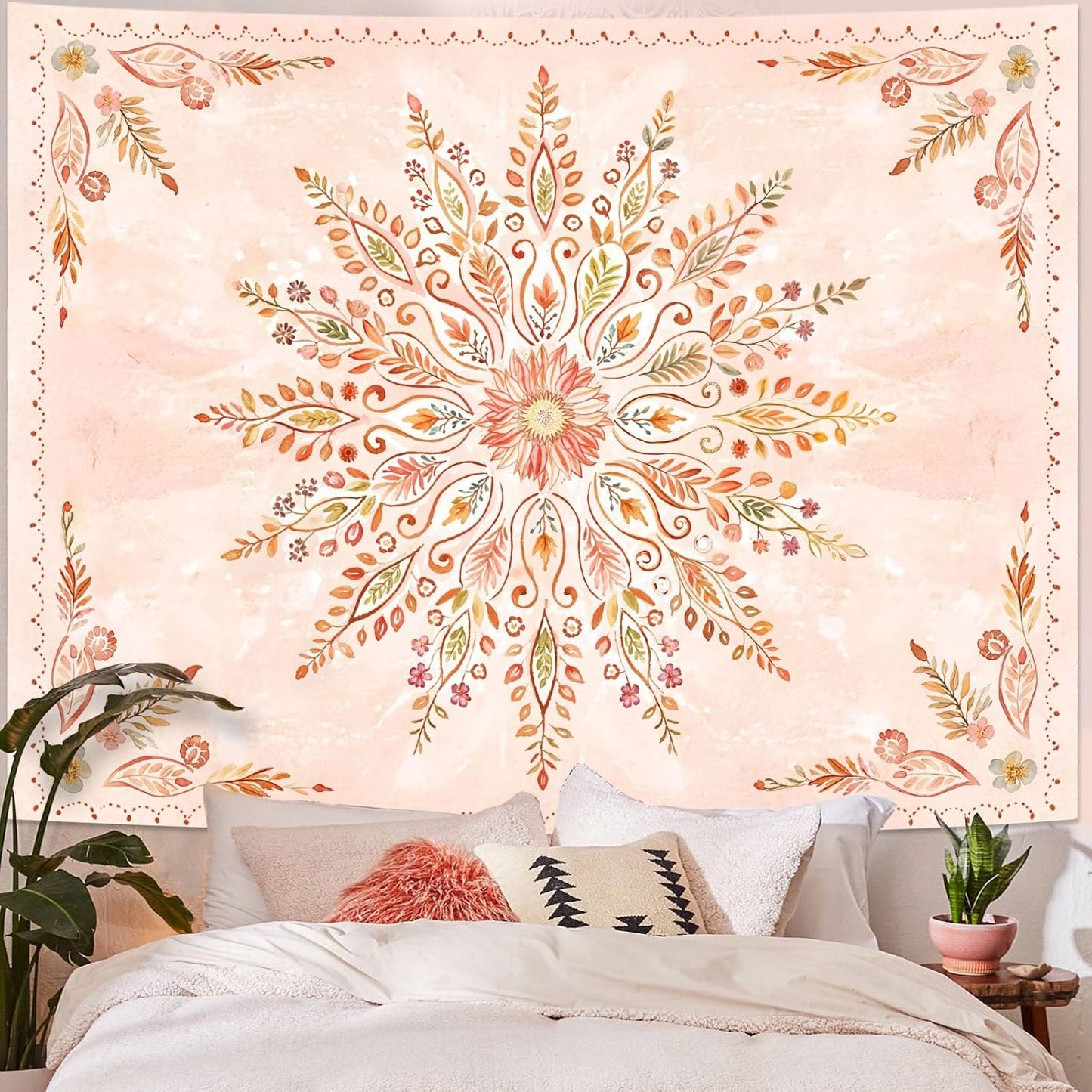 Lunerfex Floral Mandala Tapestry Boho Tapestry for Bedroom Orange Tapestries Wall Hanging Living