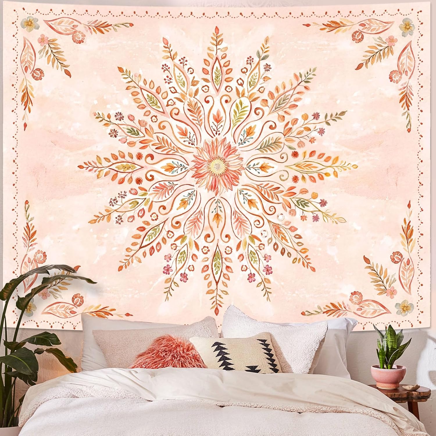 Lunerfex Floral Mandala Tapestry Boho Tapestry for Bedroom Orange Tapestries Wall Hanging Living