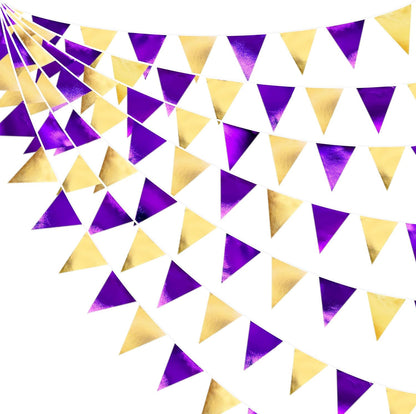 Purple and Gold Party Decorations Metallic Fabric Triangle Pennant Banner Flag Bunting Garland for