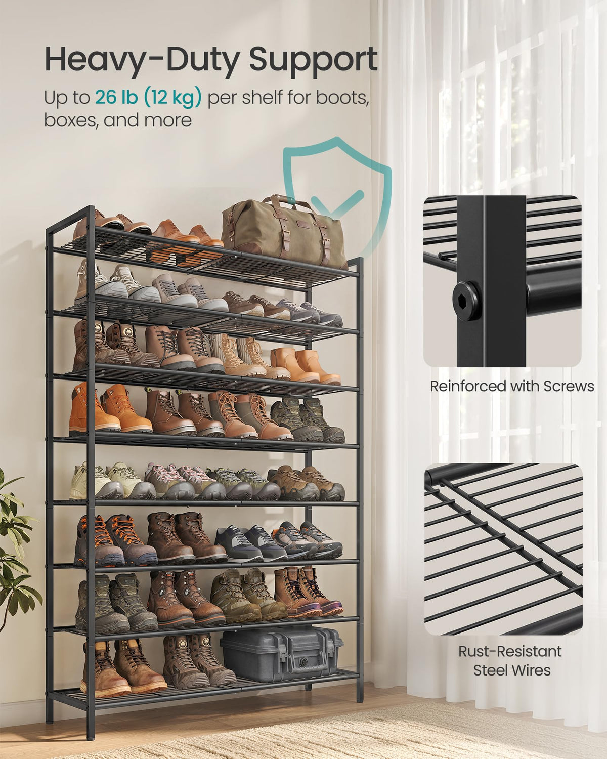SONGMICS Metal Shoe Rack, Free Standing Shoe Organizer for Entryway Closet Garage Small Spaces