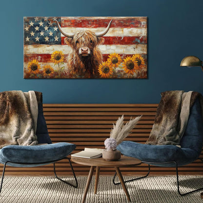 LASMOND Country Highland Cow Wall Art for Living Room Rustic Retro Vintage American Flag Sunflower
