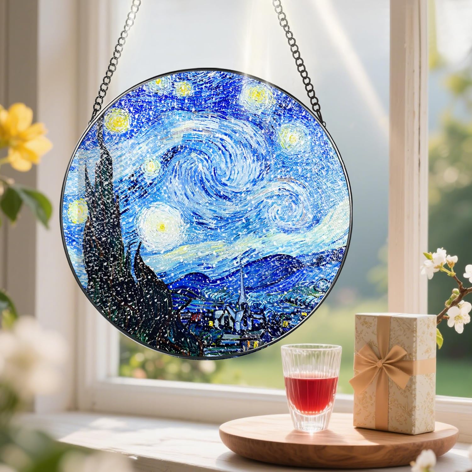Stained Glass Window Hanging, Pauyadu Van Gogh Starry Night Sun Catchers, Stained Glass Suncatcher
