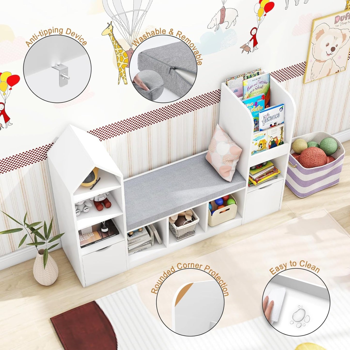 Vabches Kids Bookcase and Bookshelf with Reading Nook, Multifunctional Bookcase with 7 Storage