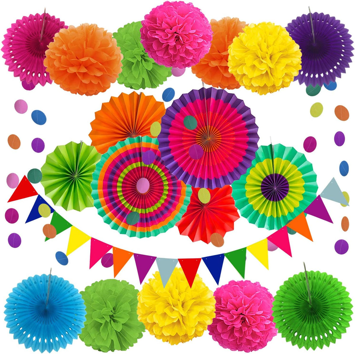 ZERODECO Party Decoration, 21 Pcs Multi-color Hanging Paper Fans, Pom Poms Flowers, Garlands String
