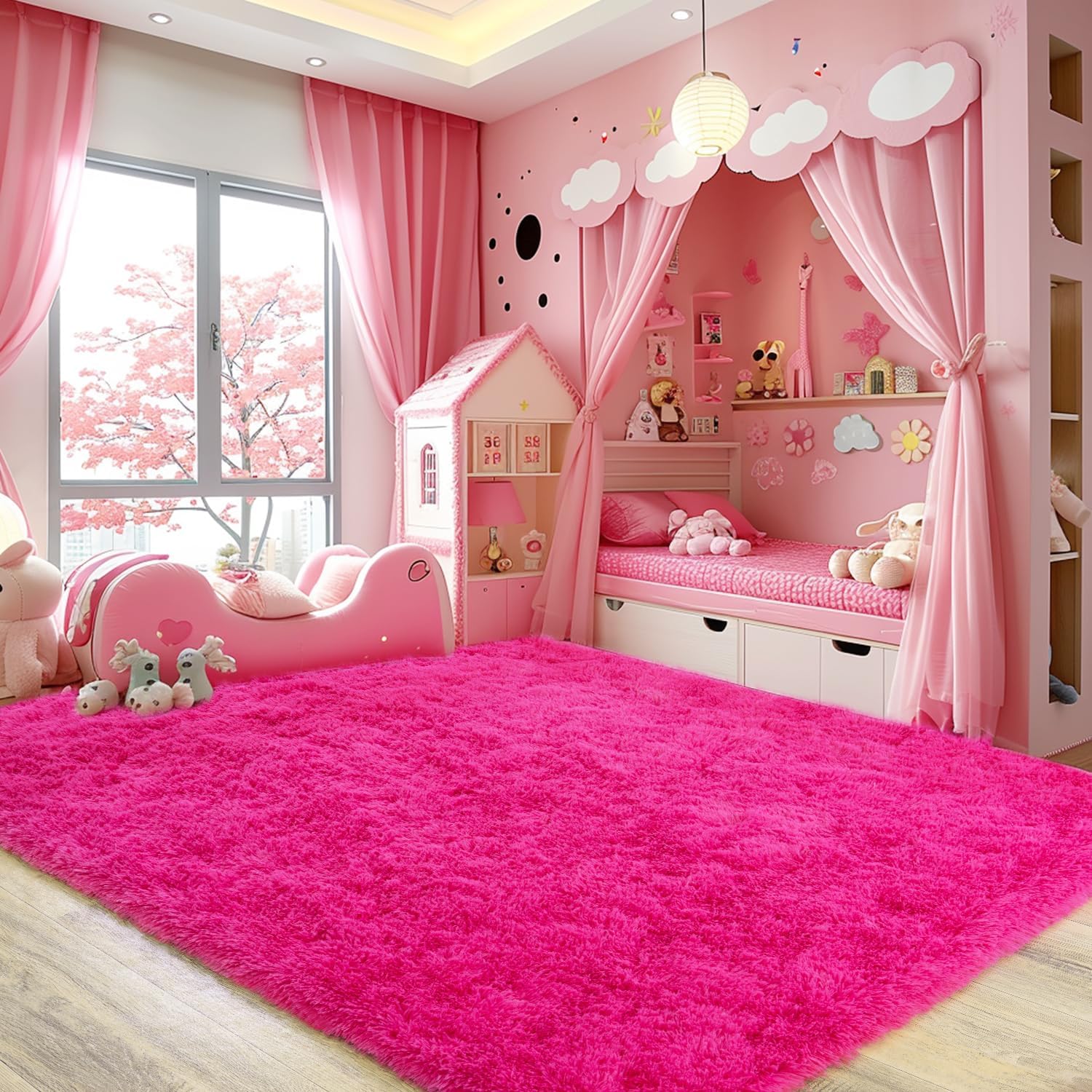 Rezutan Ultra Soft Fluffy Hot Pink Rugs for Bedroom, 4x6 Feet Fluffy Shag Area Rugs for Living Room