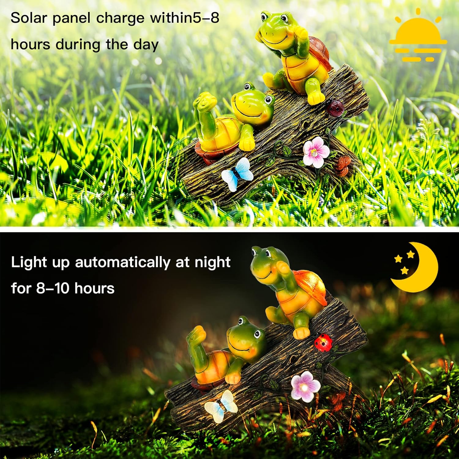 Garden Turtle Figurines Outdoor Decorations, Solar Statue Sweet Frog Face Turtles Decor with 4 LED