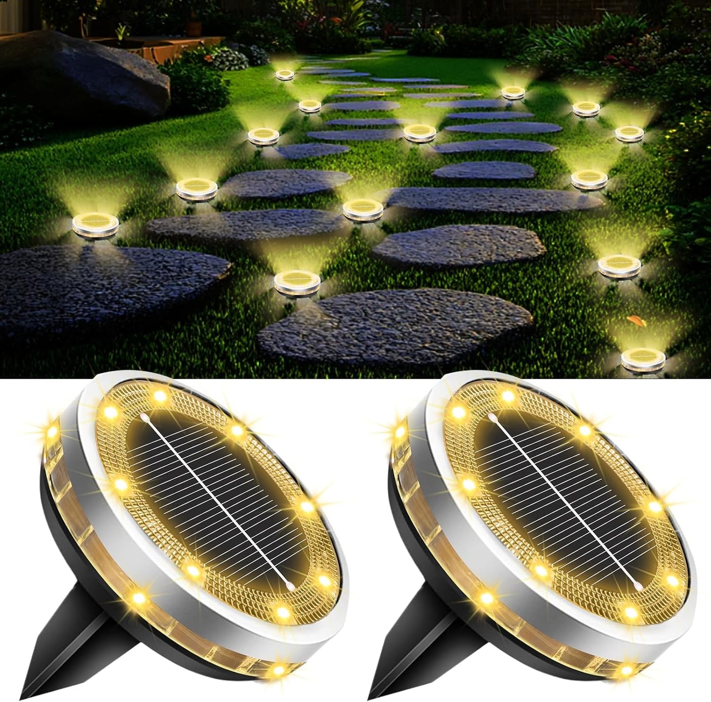 Solar Ground Lights Outdoor 2 Pack Waterproof, Upgraded Solar Garden Lights with 4 Side Light