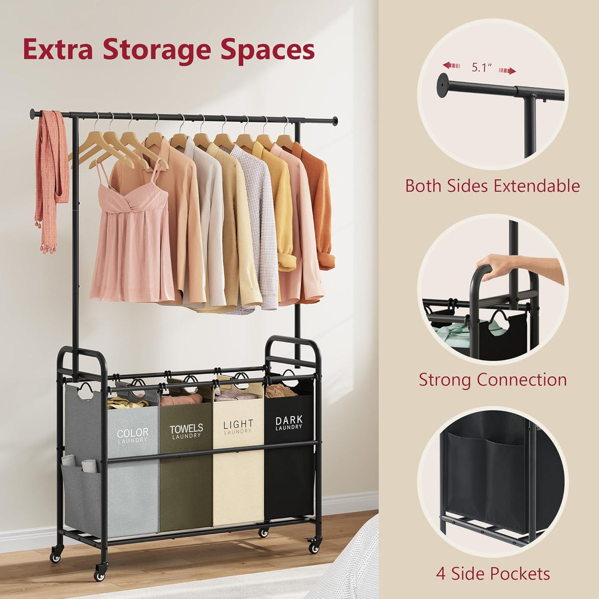 Tajsoon Laundry Sorter Cart with Hanging Clothes Rack, 4 Butler Sorter Basket Organizer, Laundry