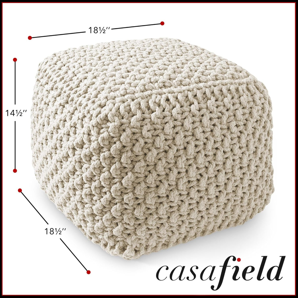 Casafield Square Pouf Ottoman, Natural - 18.5" W x 18.5" D x 14.5" H Cotton Knit Foot Stool - Boho