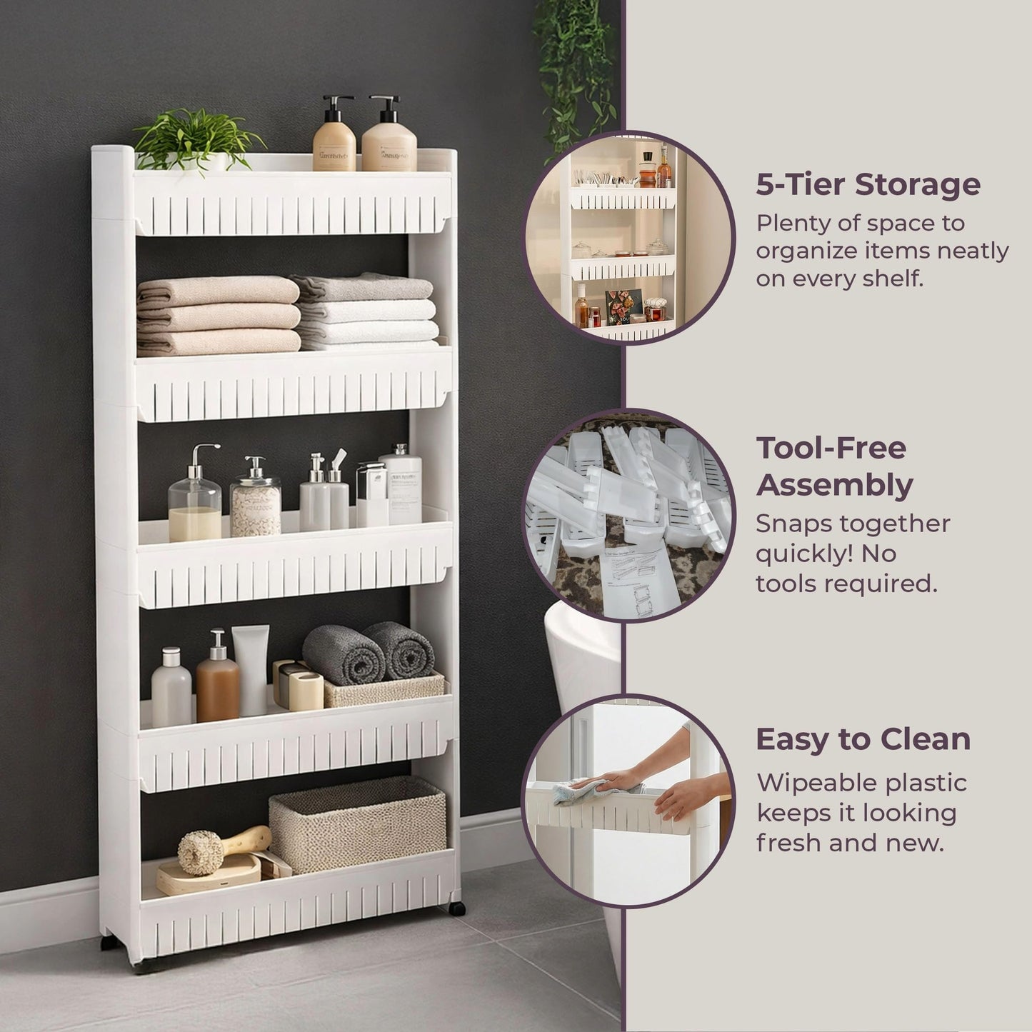 Slim Rolling Storage Cart - 5-Tier Utility Cart with Wheels for Bathroom, Kitchen, and Laundry Room