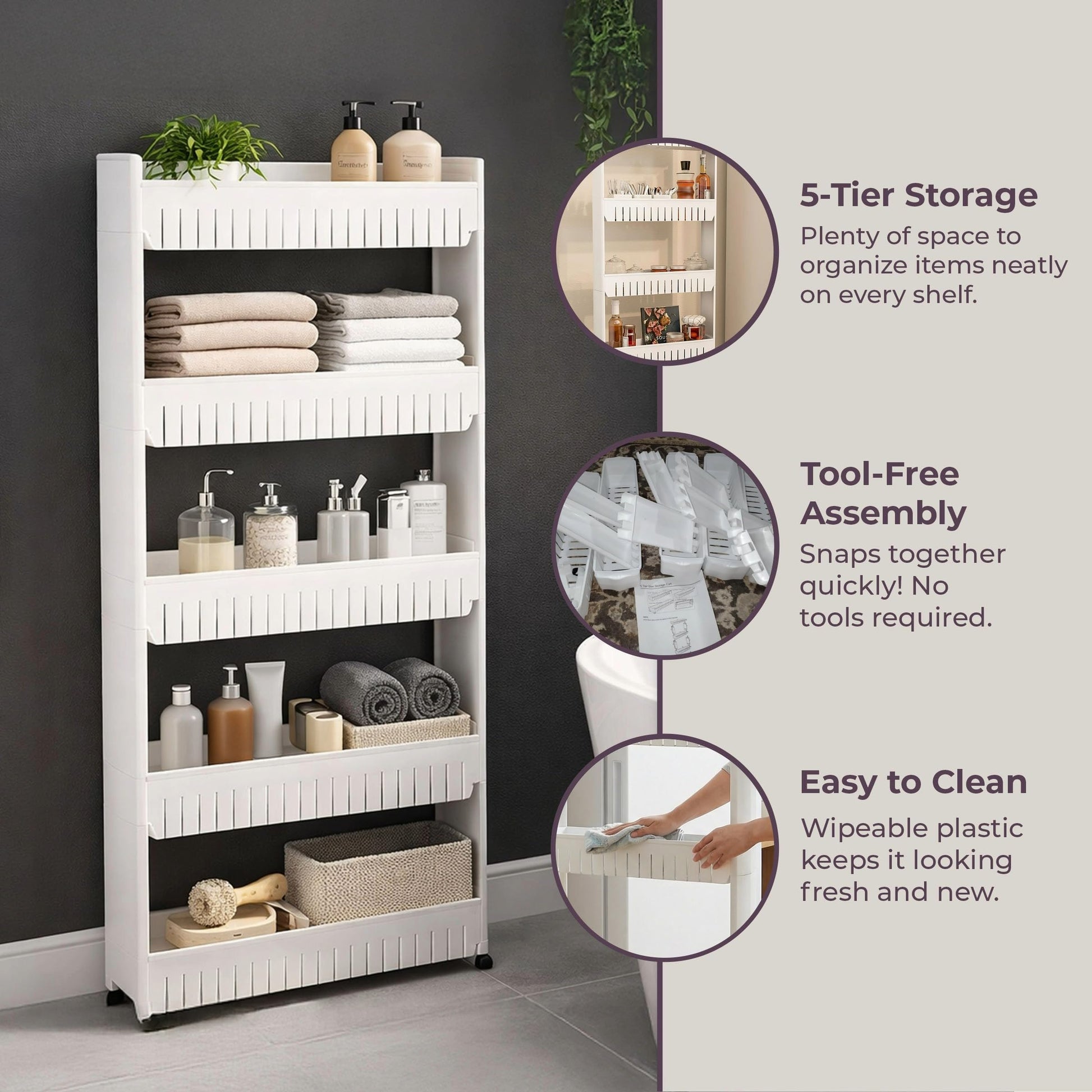 Slim Rolling Storage Cart - 5-Tier Utility Cart with Wheels for Bathroom, Kitchen, and Laundry Room