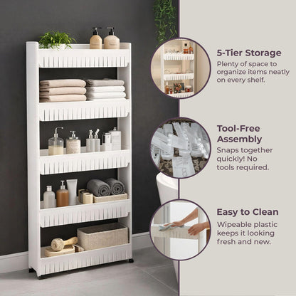Slim Rolling Storage Cart - 5-Tier Utility Cart with Wheels for Bathroom, Kitchen, and Laundry Room