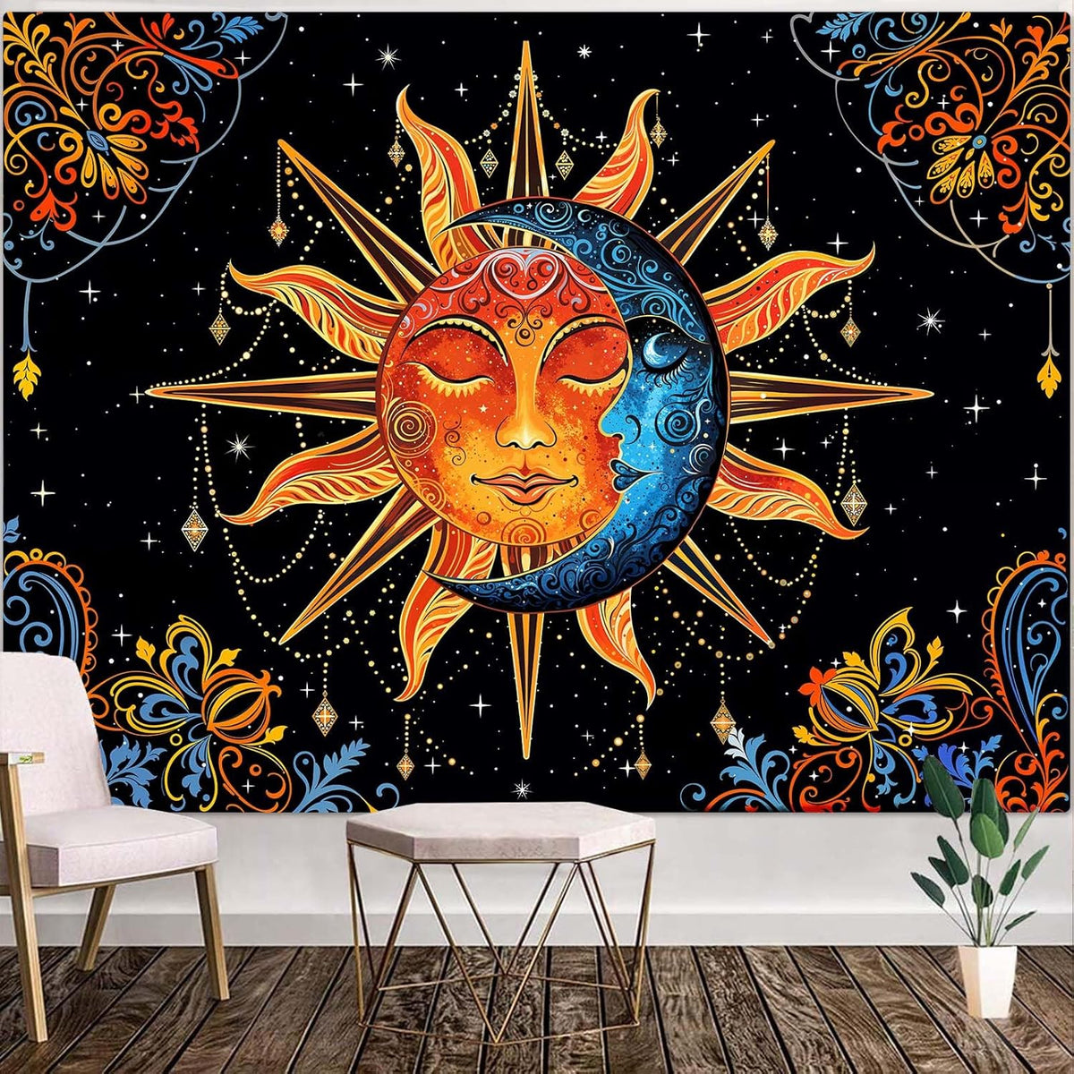Lunerfex Sun and Moon Tapestry Mandala Wall Tapestry, Cute Tapestries for Bedroom Ceiling