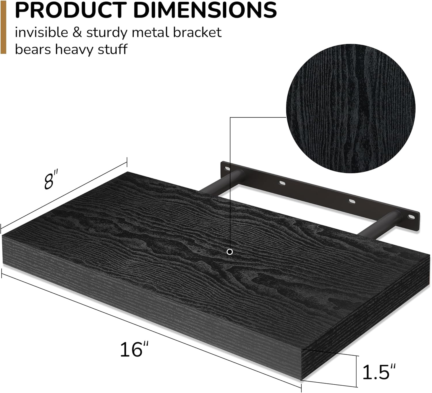 Fun Memories 16 Inch Floating Shelves - Deep Rustic Black Wooden Wall Shelves - Extra Deeper &