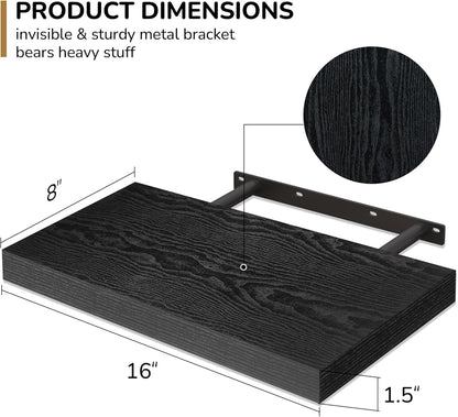 Fun Memories 16 Inch Floating Shelves - Deep Rustic Black Wooden Wall Shelves - Extra Deeper &