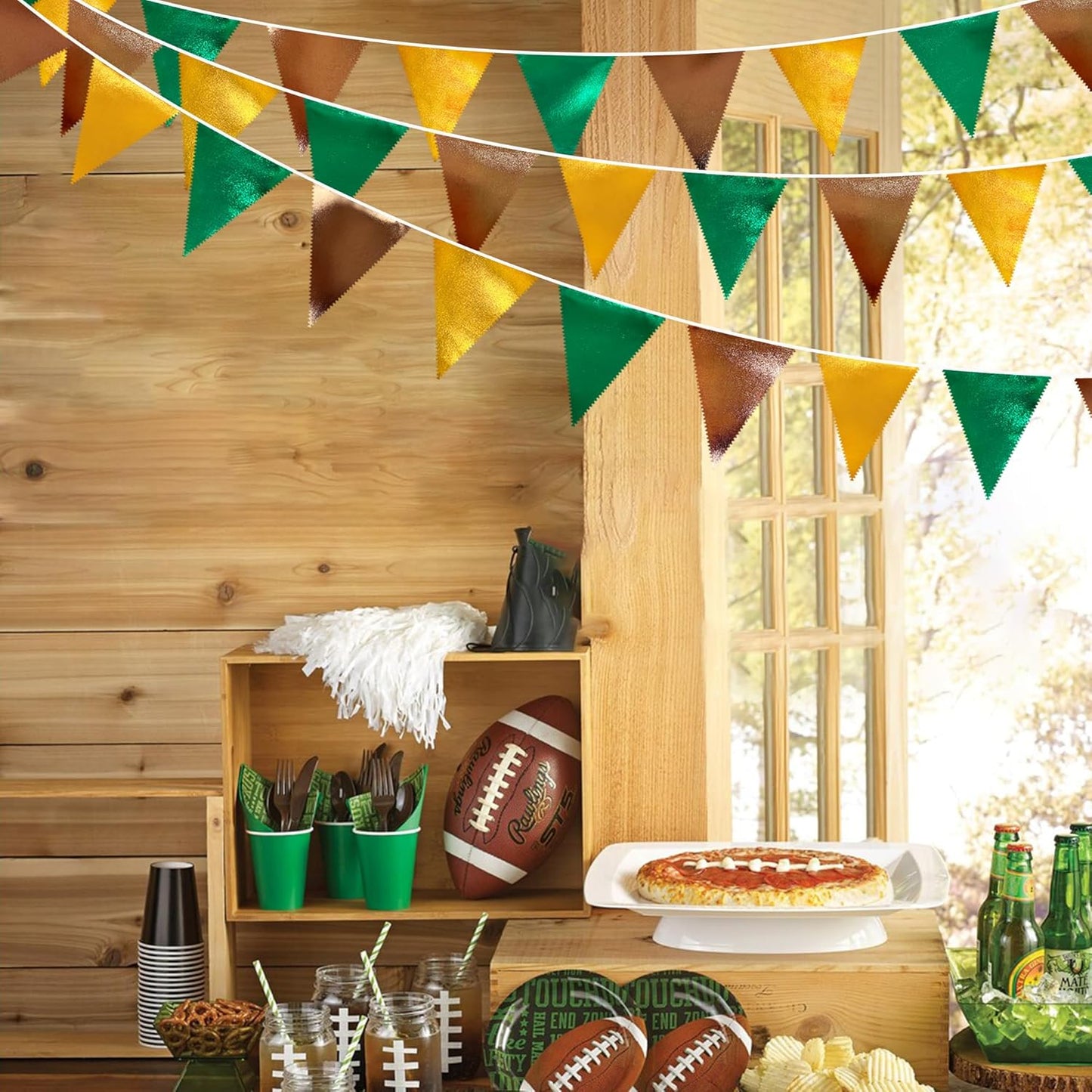 Green Gold Brown Metallic Fabric Triangle Pennant Banner Flag Bunting Garland for Football Jungle