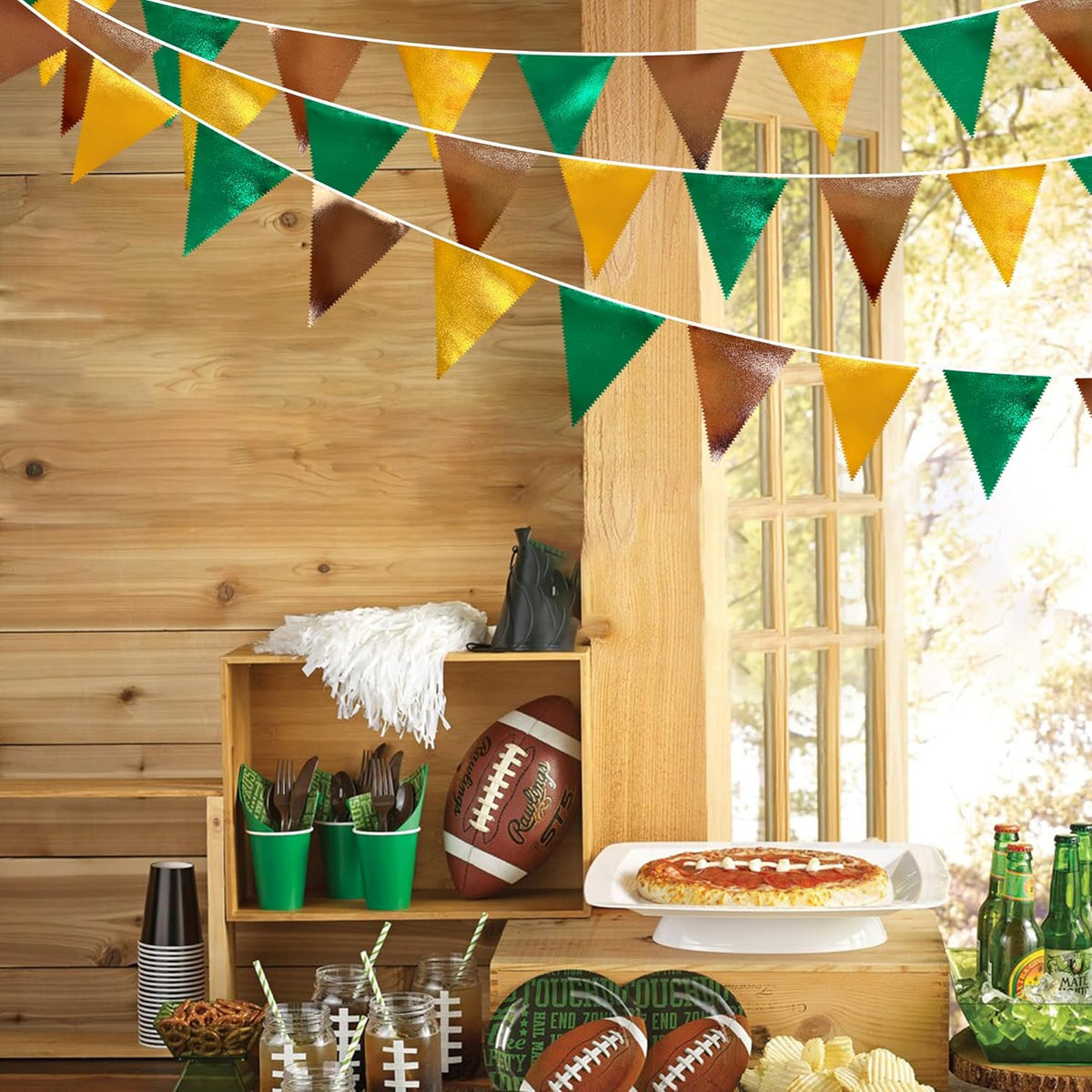 Green Gold Brown Metallic Fabric Triangle Pennant Banner Flag Bunting Garland for Football Jungle