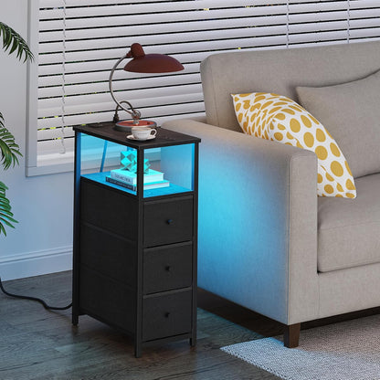 TUTOTAK Narrow LED Night Stand with Charging Station, Slim End Table with Plugins, Tall Side Table