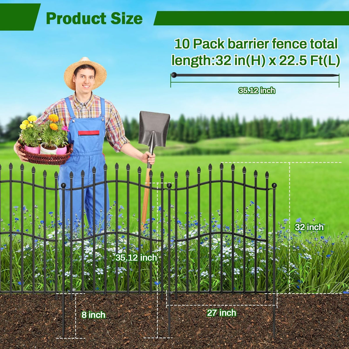 10 Panels No Dig Decorative Garden Fence - 32in H x 22.5ft L, Tall Heavy-Duty Square Tube Animal