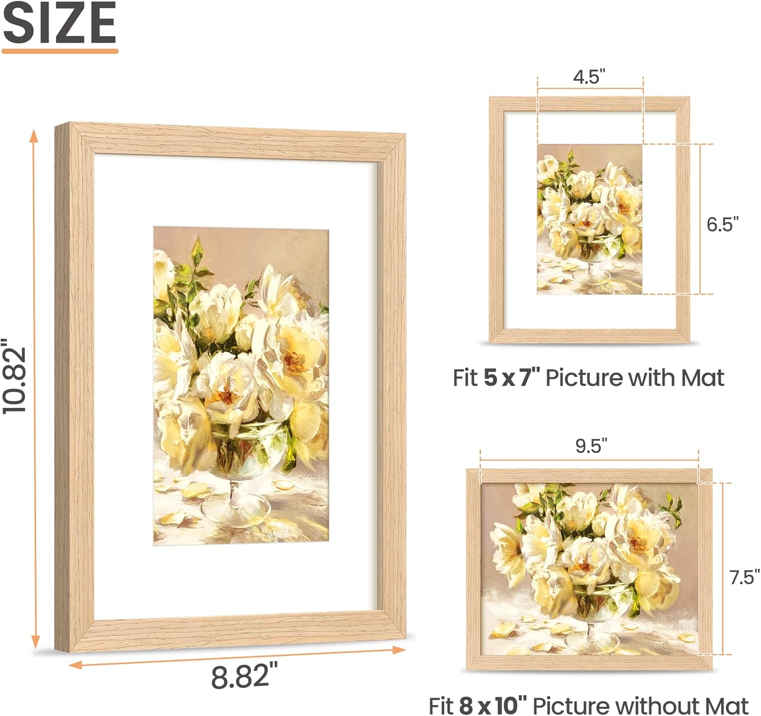upsimples 8x10 Picture Frame, Natural Solid Wooden Picture Frames, Display 5x7 with Mat or 8 x 10