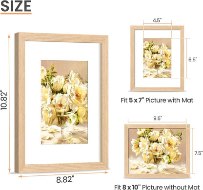 upsimples 8x10 Picture Frame, Natural Solid Wooden Picture Frames, Display 5x7 with Mat or 8 x 10