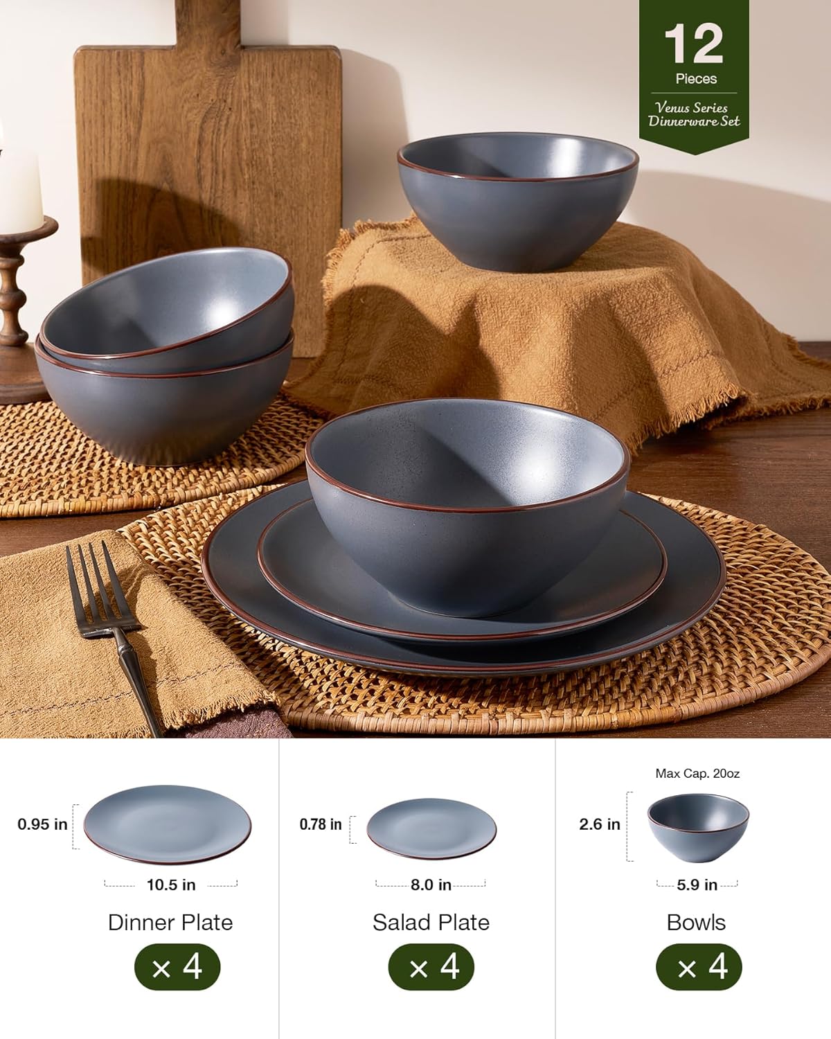 Famiware Venus Plates and Bowls Sets, 12 Pieces Stoneware Speckled Dinnerware Sets, Dishes Set for
