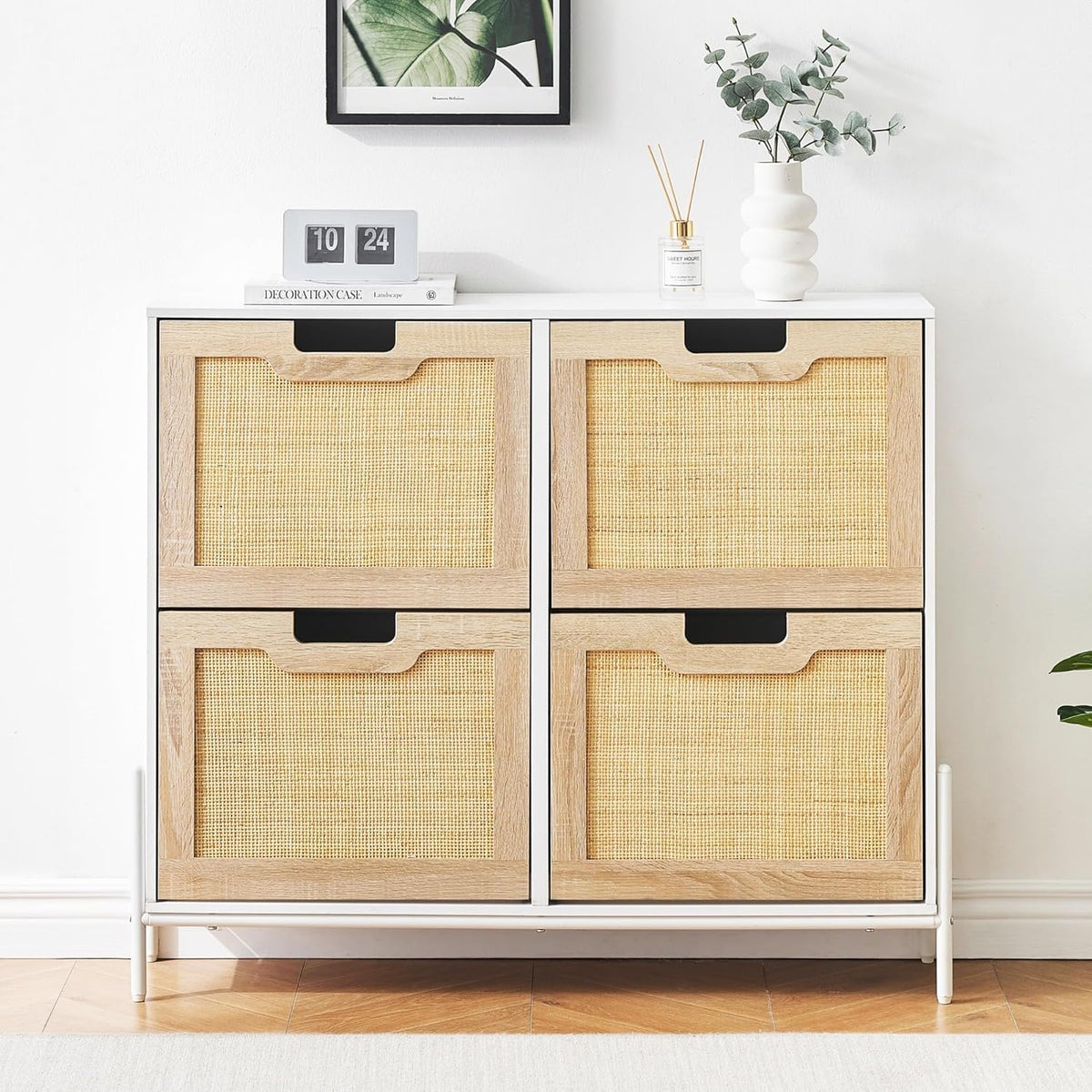 IDEALHOUSE Rattan Shoe Storage Cabinet with 4 Flip Drawers, Freestanding Shoe Organizer with