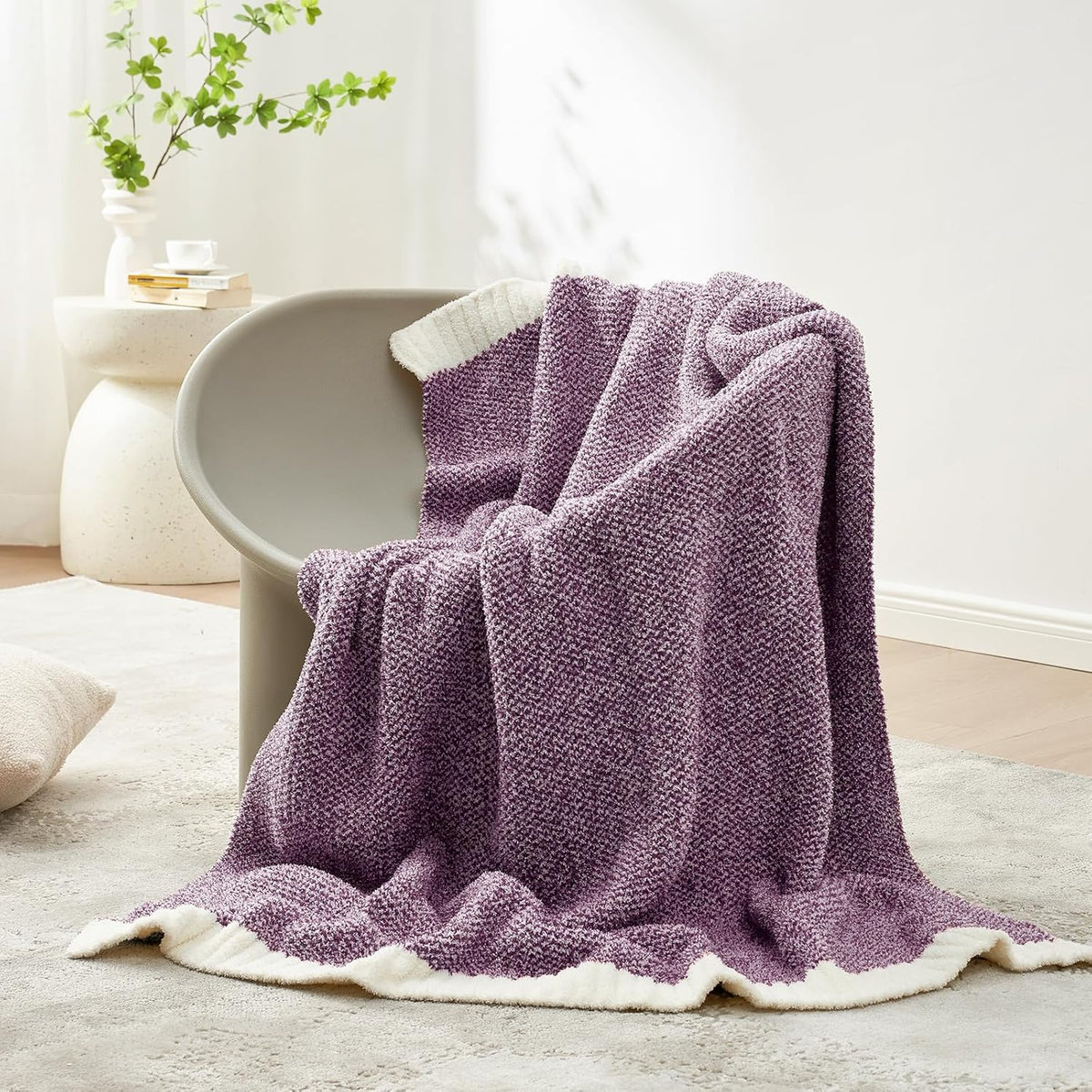 Snuggle Sac Buttery Purple Throw Blanket for Couch, Reversible Super Soft Knitted Blankets, Warm