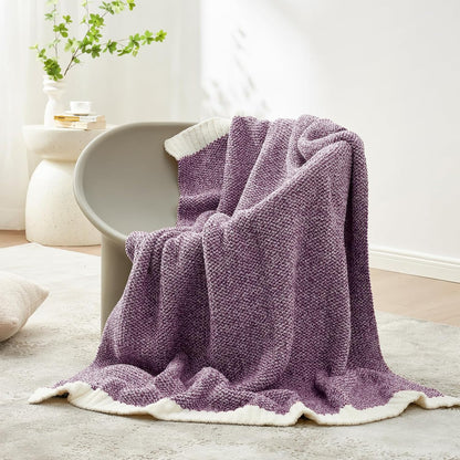 Snuggle Sac Buttery Purple Throw Blanket for Couch, Reversible Super Soft Knitted Blankets, Warm