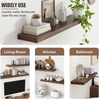 Floating Shelves for Wall, USA-Sourced Walnut Wood 24 Inch Wall Shelves Set of 2, Natural Wooden