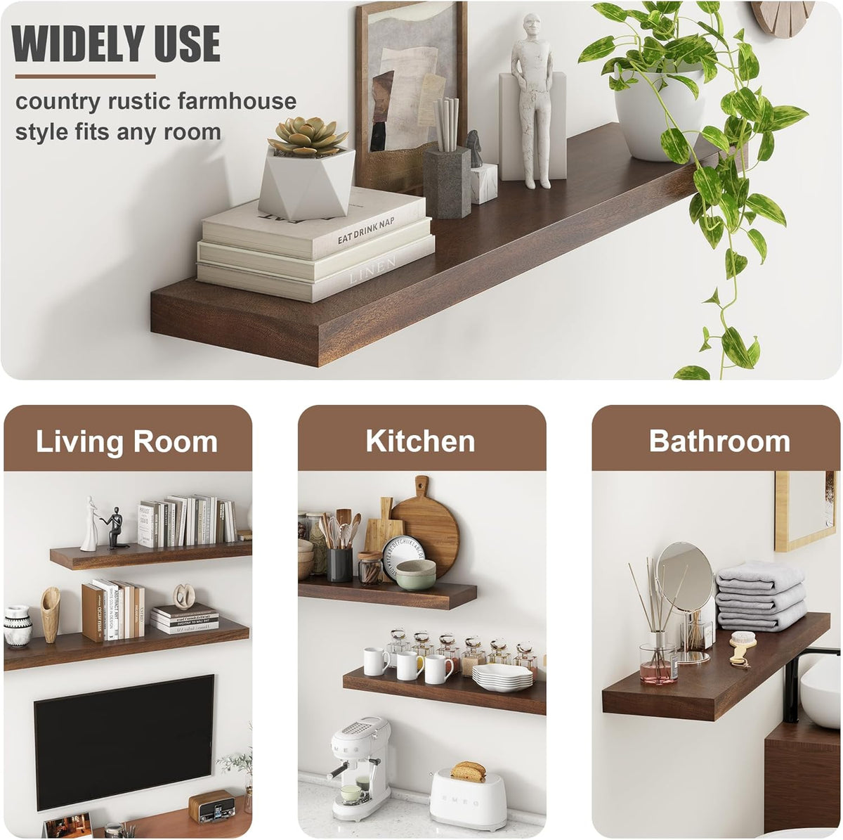 Floating Shelves for Wall, USA-Sourced Walnut Wood 48 Inch Long Wall Shelves, Natural Wooden Wall