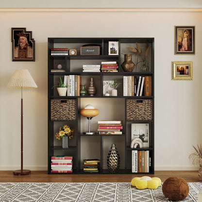 71” Tall Open Black Bookcase with Baskets, Free-Standing 6-Tier Wooden Display Storage Bookshelves