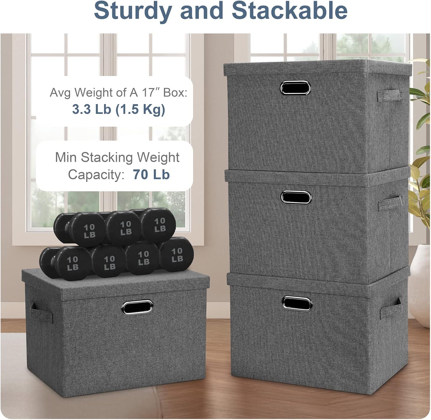 Large 17" 36 Quart Collapsible Stackable Storage Bins with Lids, 3 Packs Grey Linen Fabric Closet