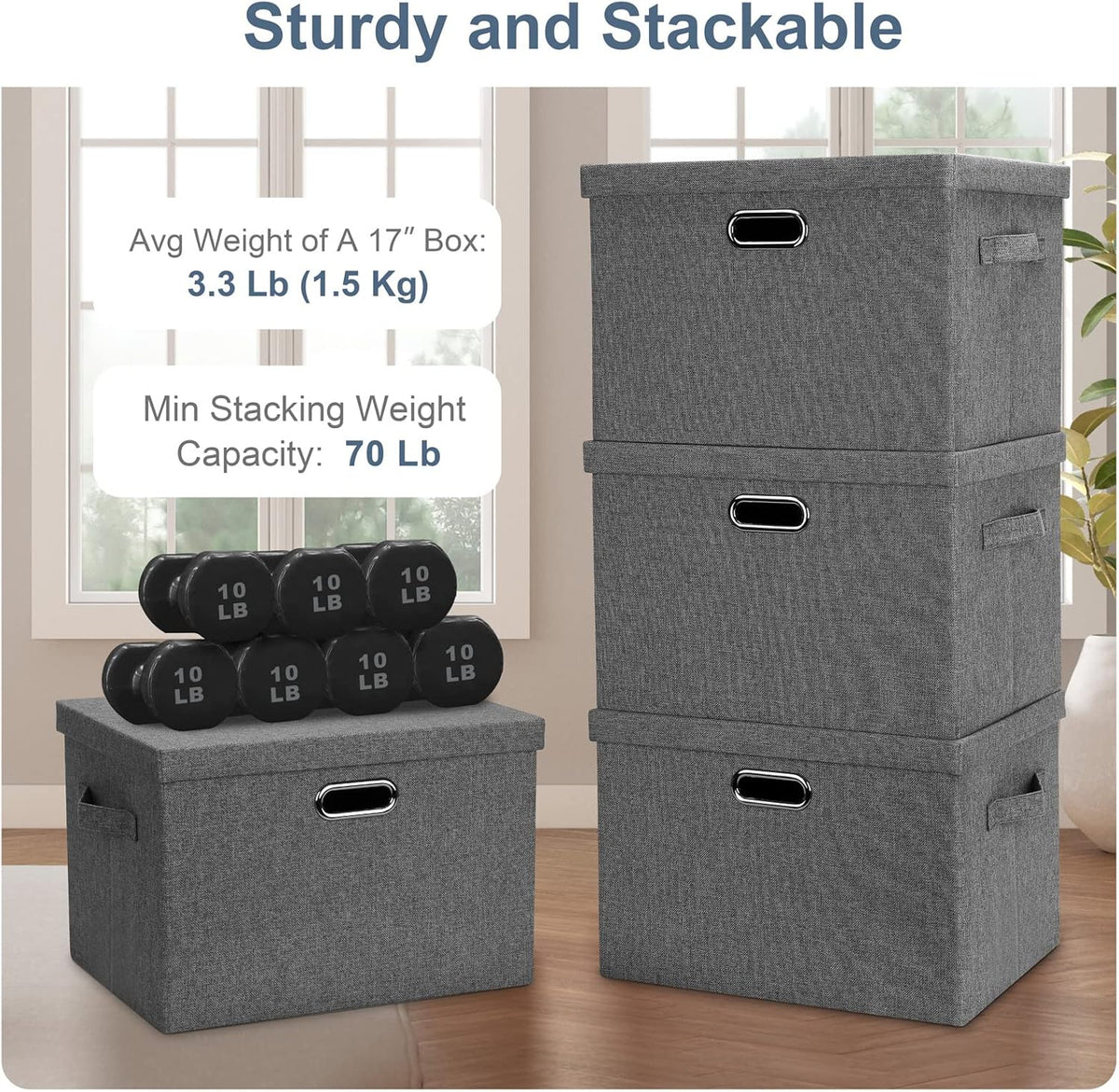 Large 17" 36 Quart Collapsible Stackable Storage Bins with Lids, 1 Pack Grey Foldable Fabric Closet