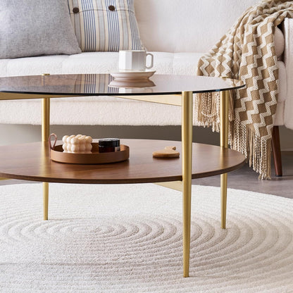 Round Coffee Table, Mid-Century Modern Design, D30 x H17, for Living Room, 2-Tier Structure, Amber
