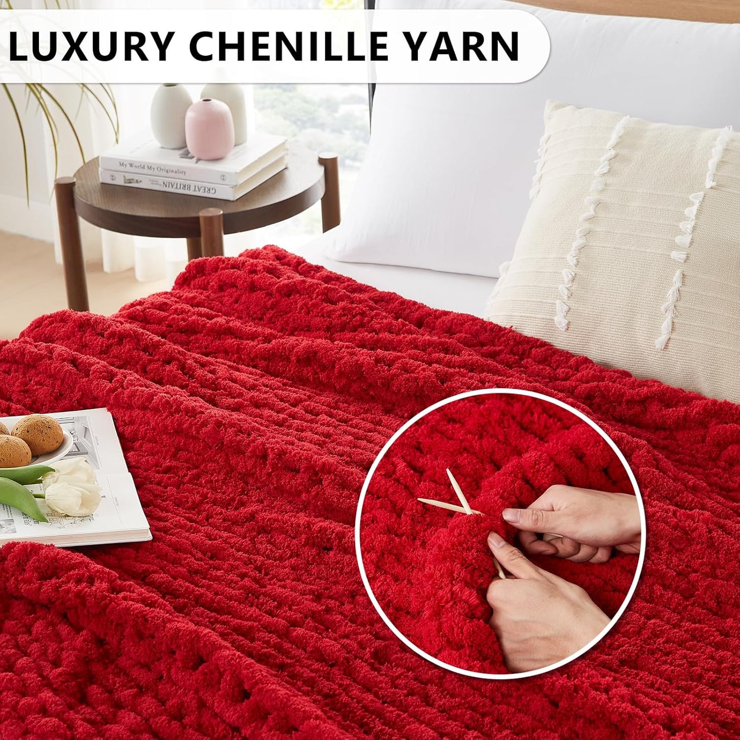 L'AGRATY Chunky Knit Blanket Throw: 80''x90'' Chenille Chunky Knitted Throw Blanket for Bed Couch