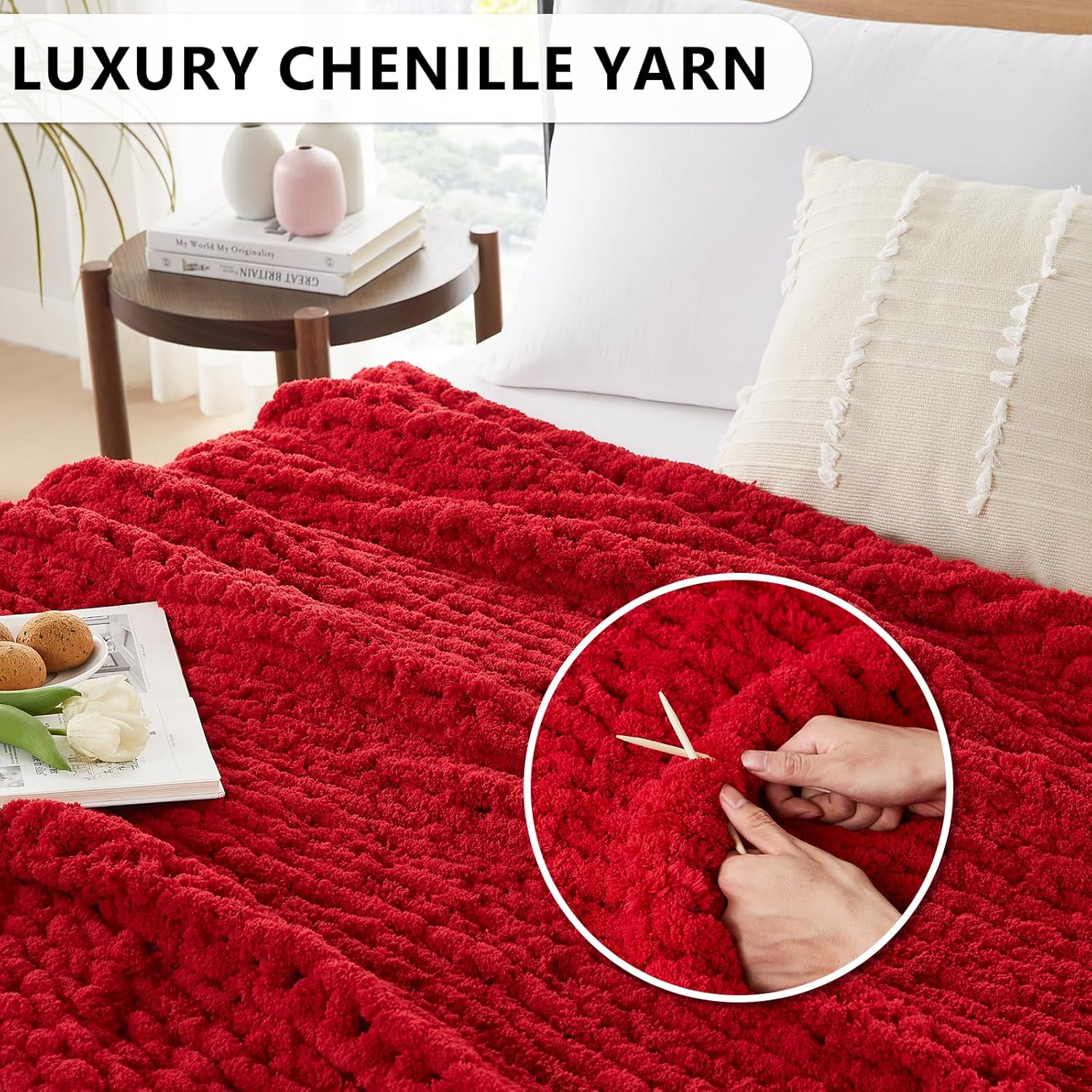 L'AGRATY Chunky Knit Blanket Throw: 80''x90'' Chenille Chunky Knitted Throw Blanket for Bed Couch