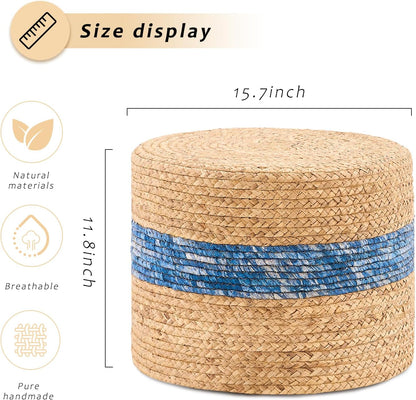 Handwoven Water Hyacinth Ottoman Pouf, Round Outdoor Footstool with Sturdy Frame, No Assembly