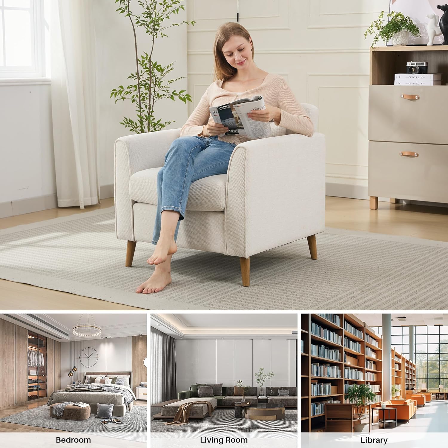 Modern Accent Chair with Wooden Legs Plush Fabric Armchair Chenille Side Single Sofa Chair for
