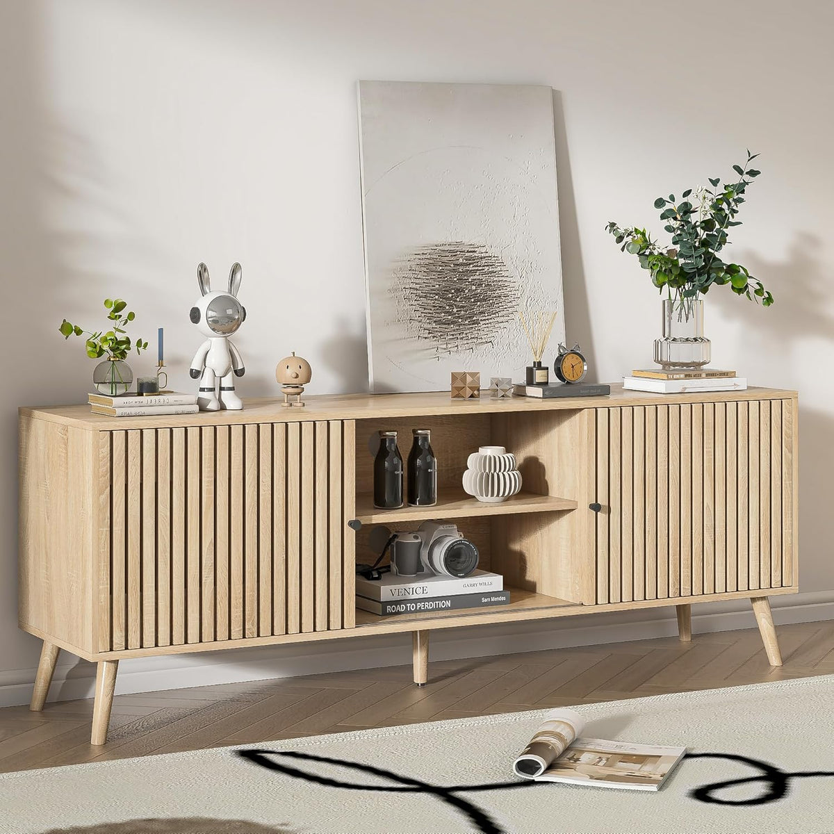 Mid Century Modern TV Stand for Televisions up to 70 Inches, with Sliding Doors and Storage