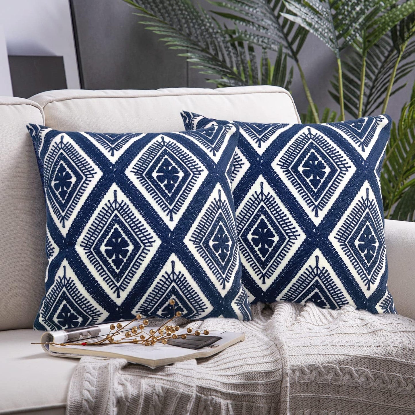 Alysheer Embroidered Decorative Throw Pillow Covers 18x18 inches Set of 2 Pieces, Boho Geometric